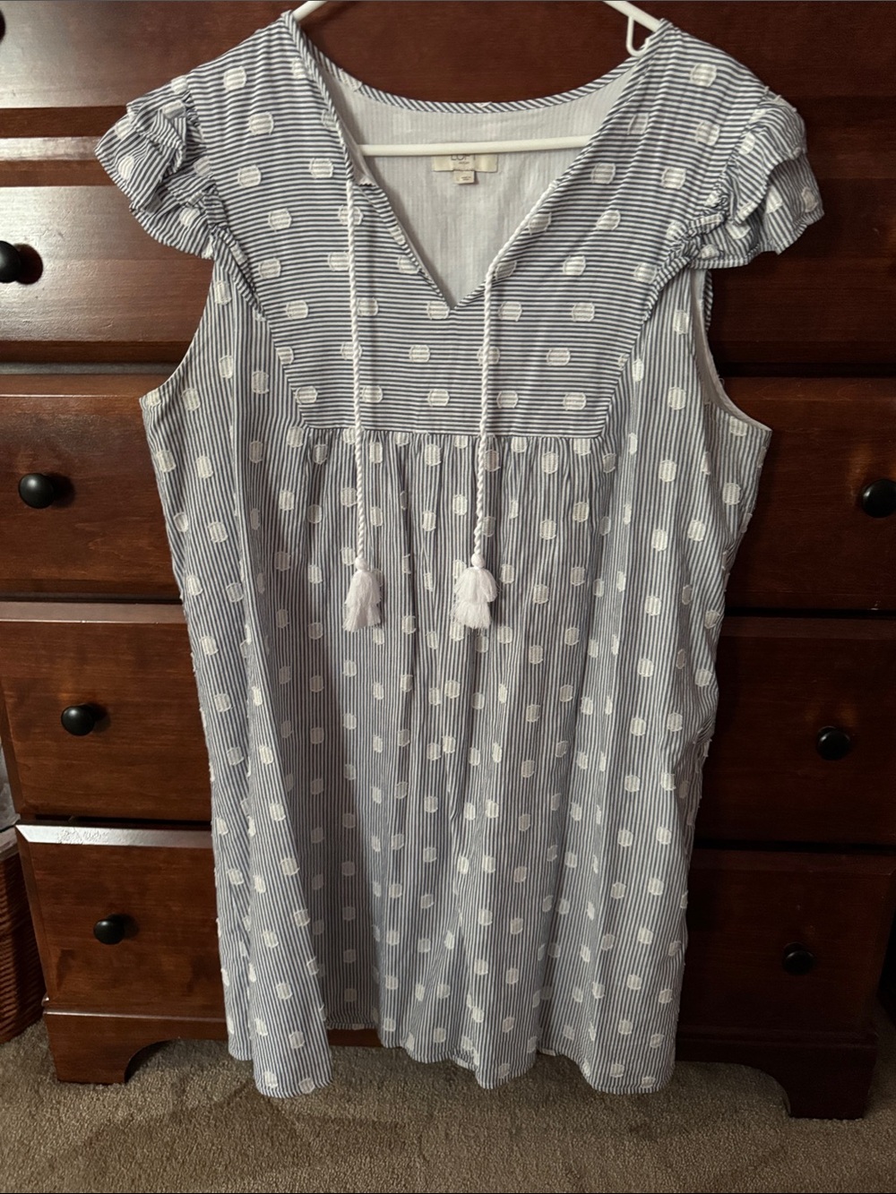 Sleeveless Blue Stripe & White Dot Tie-Neck Dress